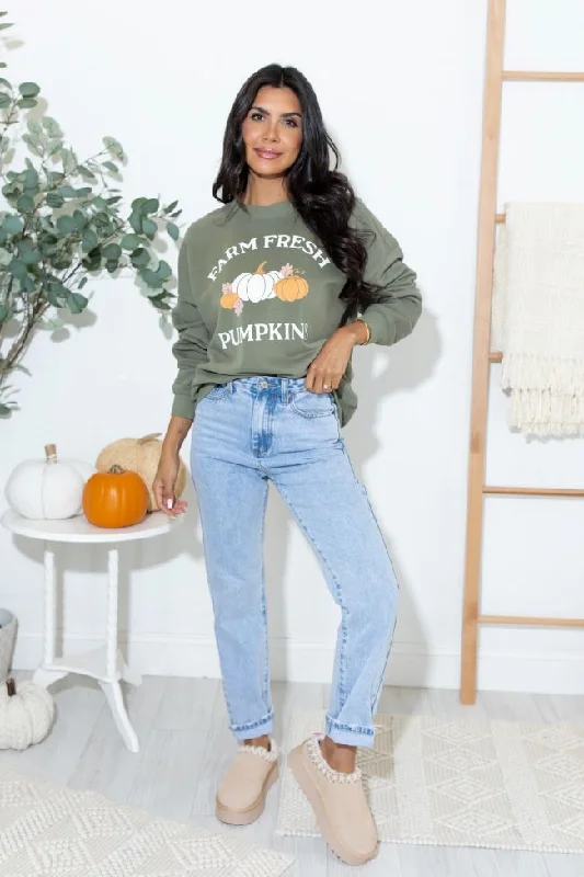 Farm Fresh Pumpkins Olive Oversized Graphic Sweatshirt