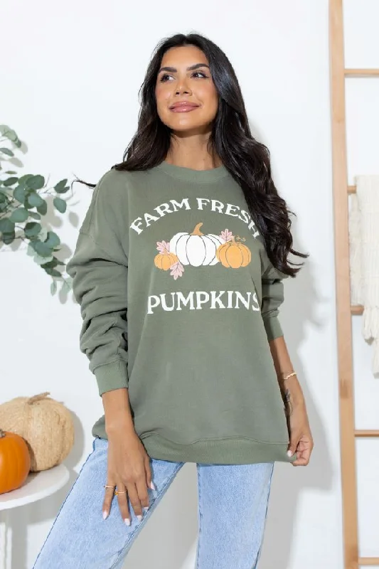 Farm Fresh Pumpkins Olive Oversized Graphic Sweatshirt