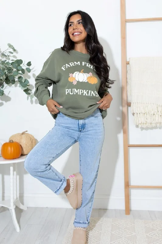 Farm Fresh Pumpkins Olive Oversized Graphic Sweatshirt