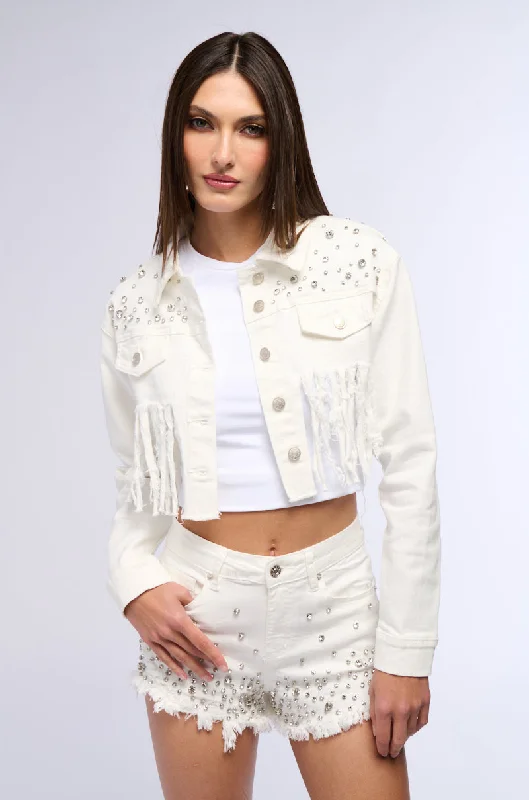 RILEE EMBELLISHED DENIM CROP JACKET IN WHITE