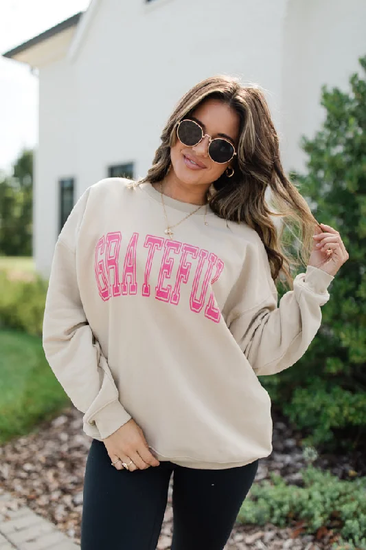 Grateful Light Tan Oversized Graphic Sweatshirt