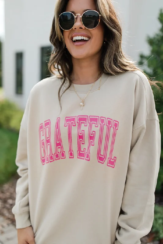 Grateful Light Tan Oversized Graphic Sweatshirt