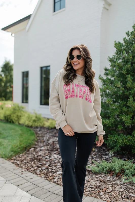 Grateful Light Tan Oversized Graphic Sweatshirt