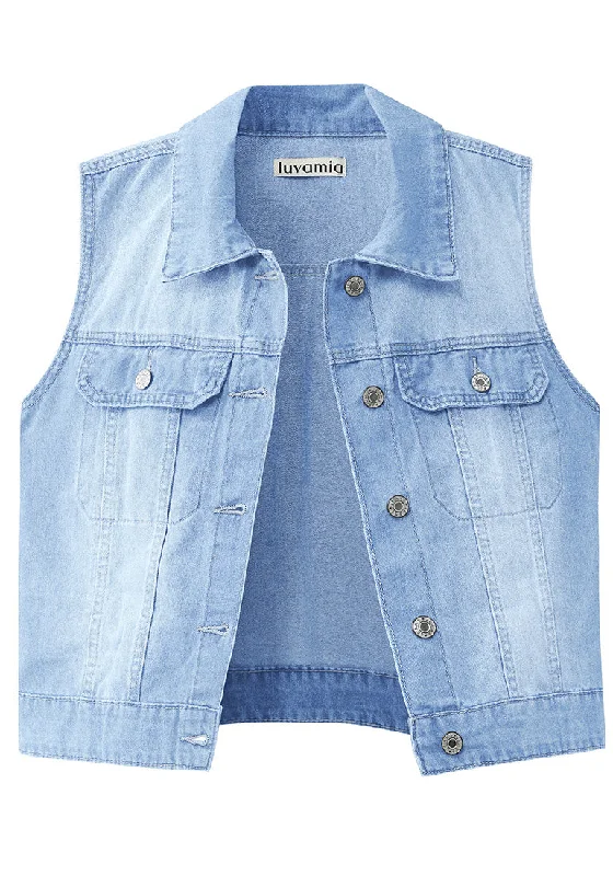 Indigo Blue Breeze Women's Sleeveless Cropped Denim Jean Jacket Western Vests Top With Pockets