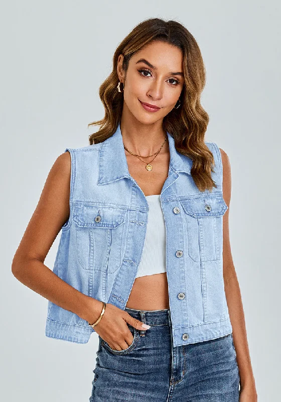 Indigo Blue Breeze Women's Sleeveless Cropped Denim Jean Jacket Western Vests Top With Pockets