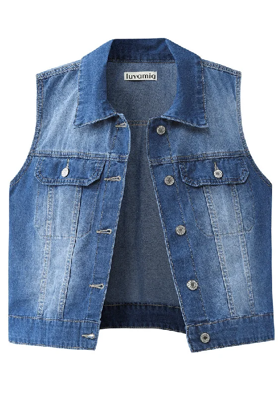 Indigo Medium Blue Women's Sleeveless Cropped Denim Jean Jacket Western Vests Top With Pockets