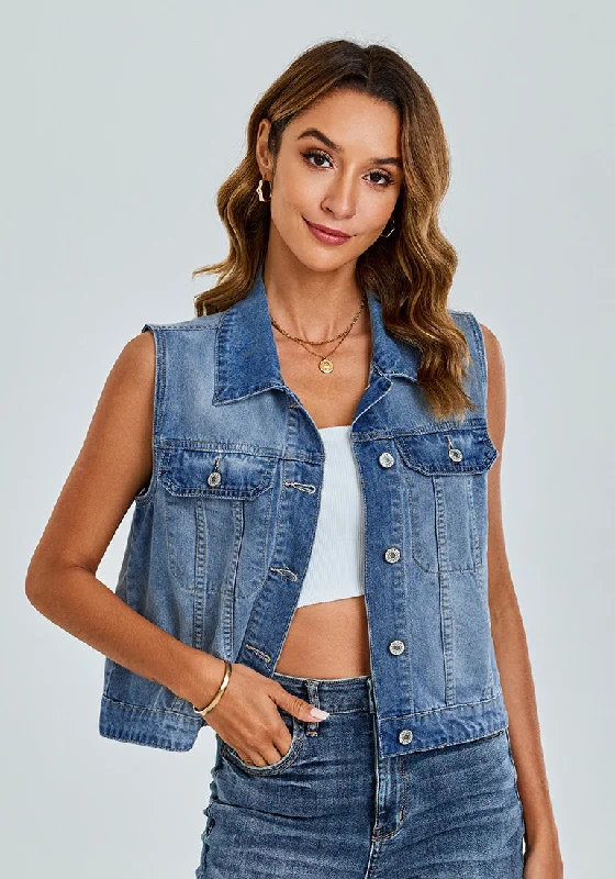 Indigo Medium Blue Women's Sleeveless Cropped Denim Jean Jacket Western Vests Top With Pockets