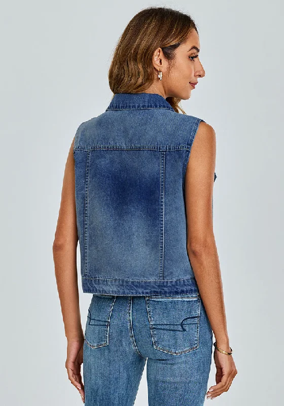 Indigo Nightfall Blue Women's Sleeveless Cropped Denim Jean Jacket Western Vests Top With Pockets