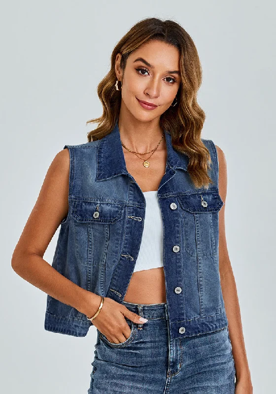 Indigo Nightfall Blue Women's Sleeveless Cropped Denim Jean Jacket Western Vests Top With Pockets