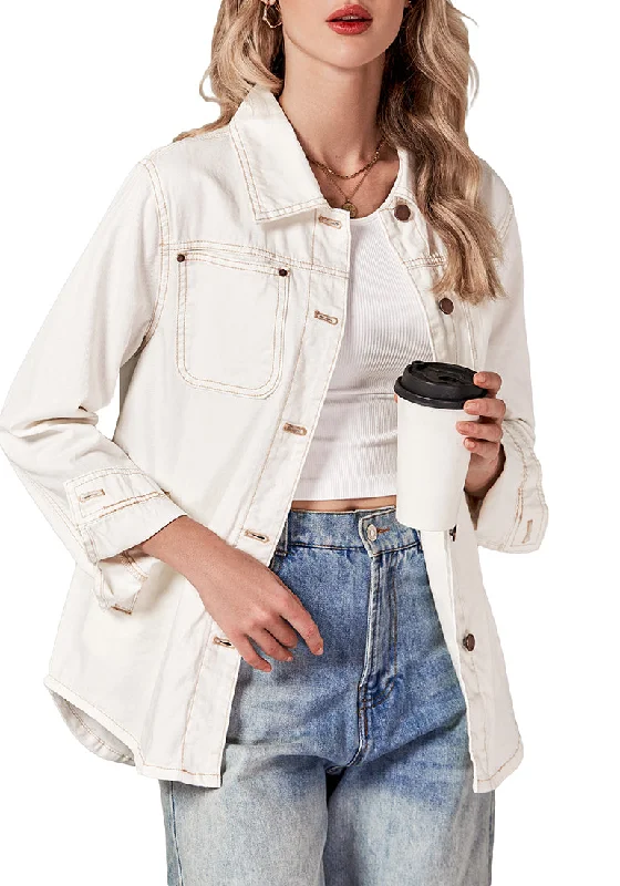 Ivory White Denim Jackets for Women Trendy Long Sleeve Button Down Shirt Jacket  with Pocket