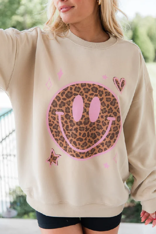 Leopard Smiley Face Light Tan Oversized Graphic Sweatshirt