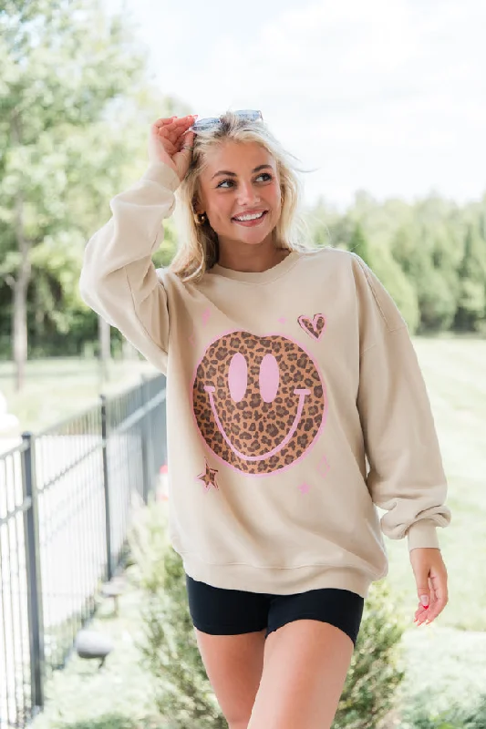 Leopard Smiley Face Light Tan Oversized Graphic Sweatshirt