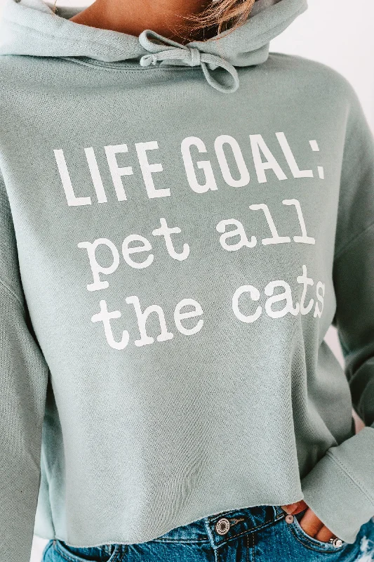 ""Life Goal: Pet All The Cats"" Cropped Graphic Hoodie (Sage) - Print On Demand