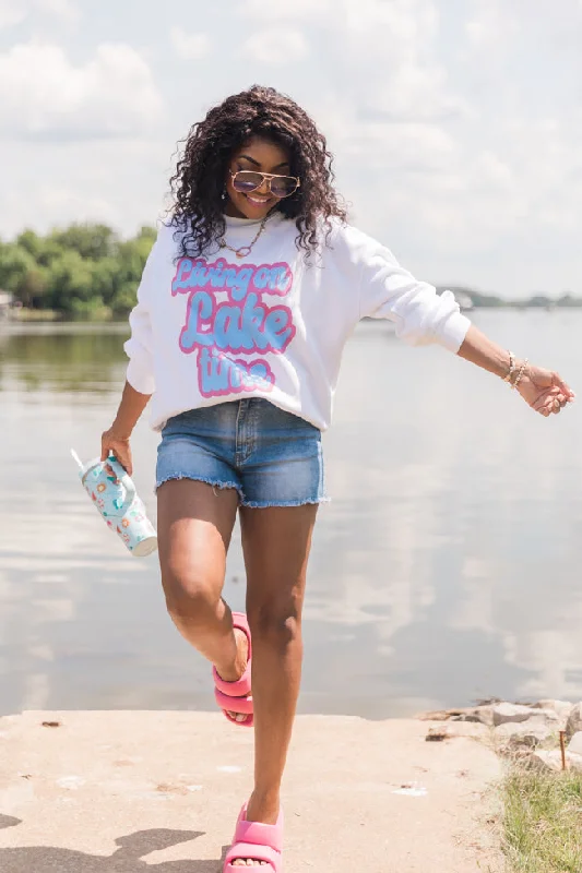 Living On Lake Time White Oversized Graphic Sweatshirt