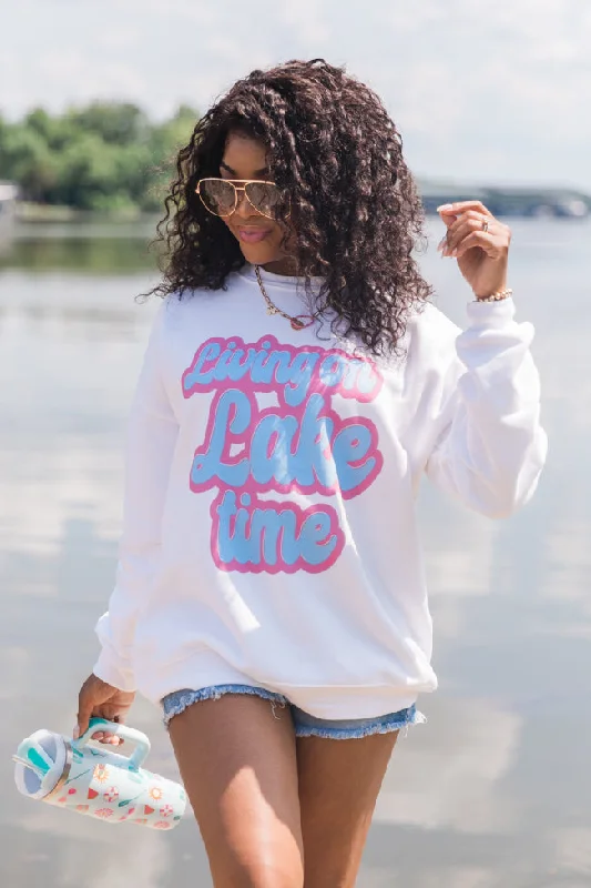 Living On Lake Time White Oversized Graphic Sweatshirt