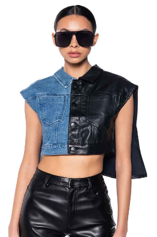 LOW RIDER HALF PU CROP DENIM VEST WITH CAPE