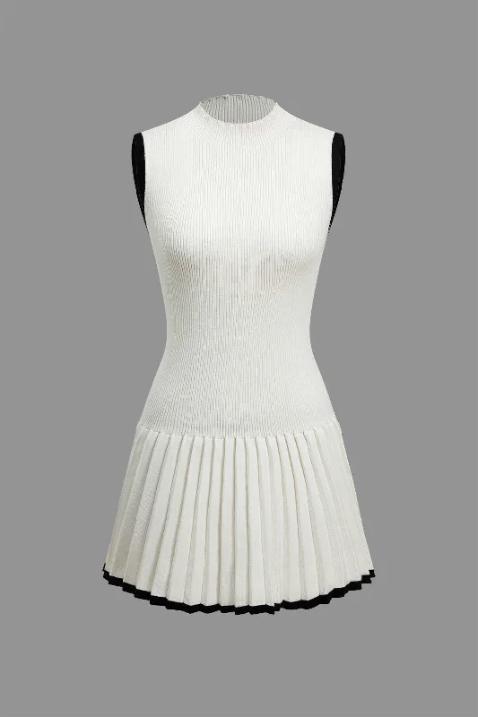 Contrast Knit Pleated Sleeveless Mini Dress