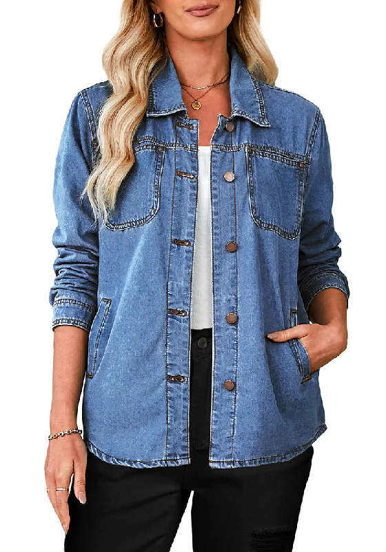 Medium Blue Denim Jackets for Women Trendy Long Sleeve Button Down Shirt Jacket  with Pocket