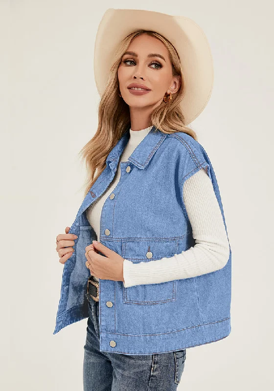 Medium Blue Women's Casual Oversized Button Down Sleeveless Jean Jacket with Pockets