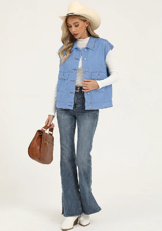 Medium Blue Women's Casual Oversized Button Down Sleeveless Jean Jacket with Pockets