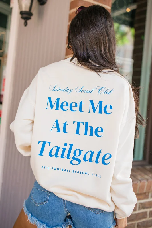 Meet Me At The Tailgate Blue Ivory Comfort Colors Graphic Sweatshirt