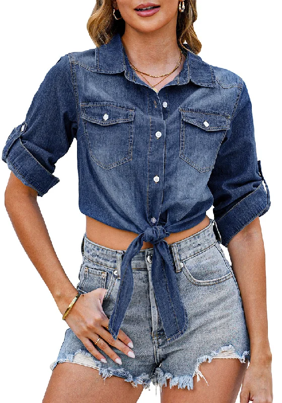 Midnight Blue Women's Trendy 3/4 Sleeve Button Down Crop Top Denim Jacket Shirt Tie