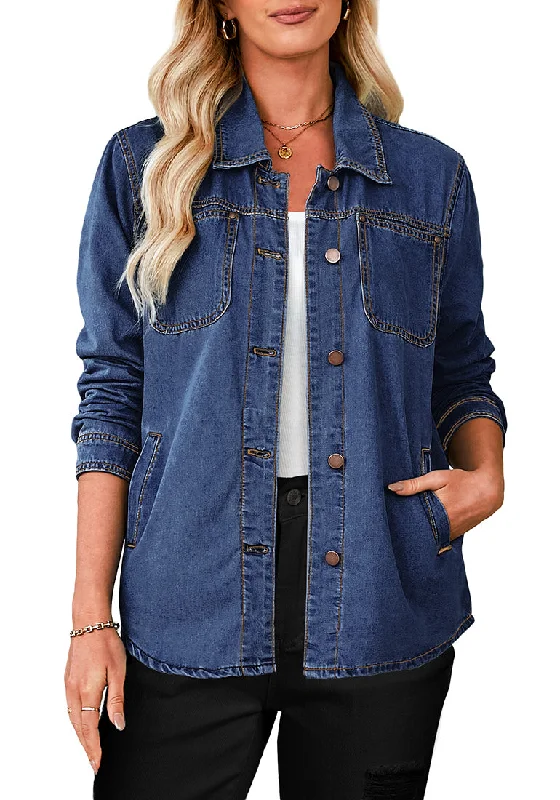 Nightfall Blue Denim Jackets for Women Trendy Long Sleeve Button Down Shirt Jacket  with Pocket