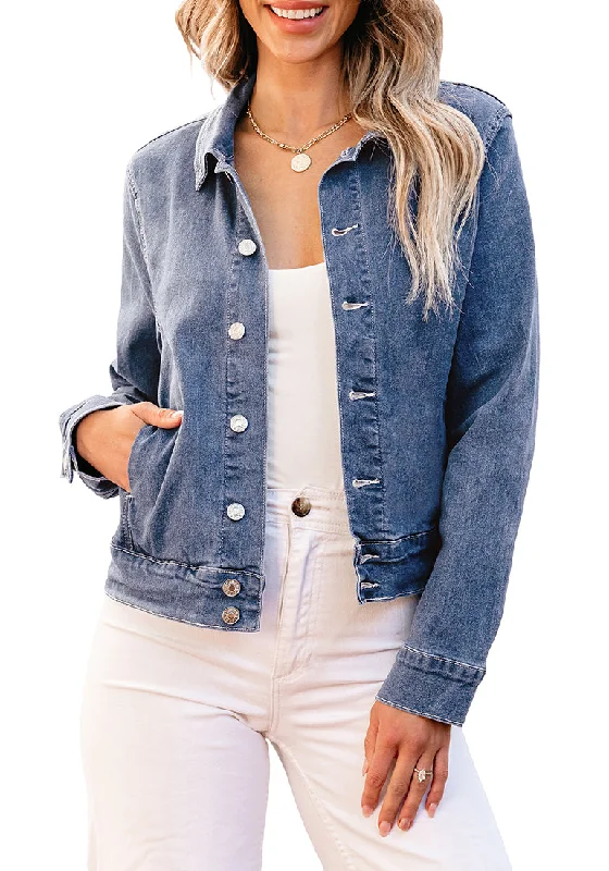 Reef Blue Women's Denim Jacket Collared Button Down Long Sleeve Pocket Jacket