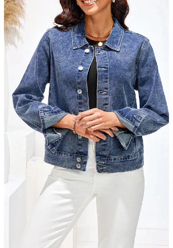 Reef Blue Women's Denim Jacket Collared Button Down Long Sleeve Pocket Jacket