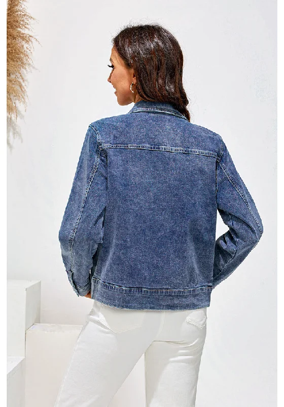 Reef Blue Women's Denim Jacket Collared Button Down Long Sleeve Pocket Jacket