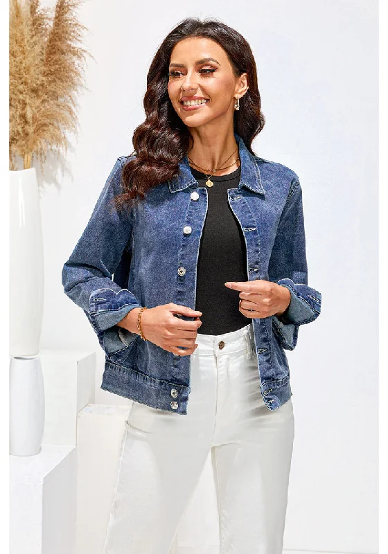 Reef Blue Women's Denim Jacket Collared Button Down Long Sleeve Pocket Jacket