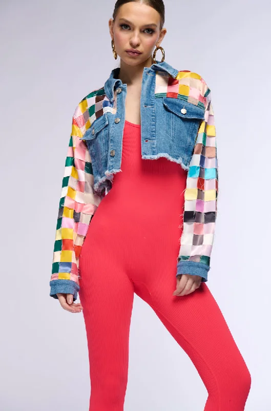 SATIN CHECKERED WEAVE CROP DENIM JACKET