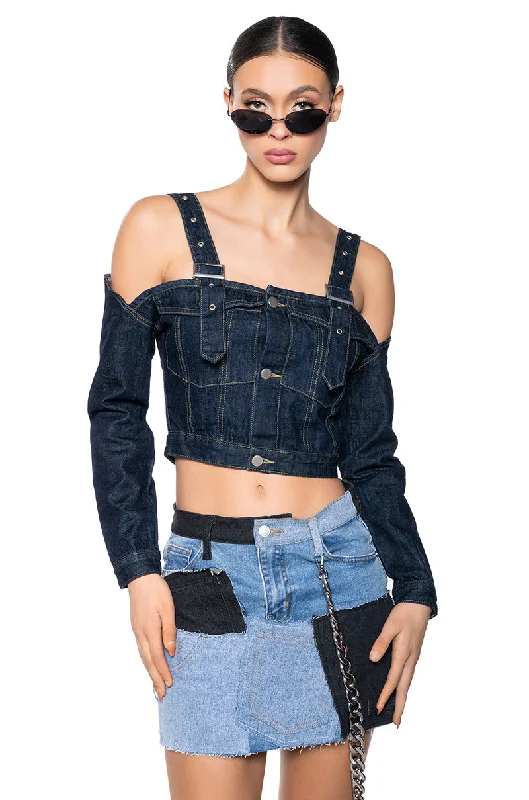 SWEETIE COLD SHOULDER RAW DENIM JACKET