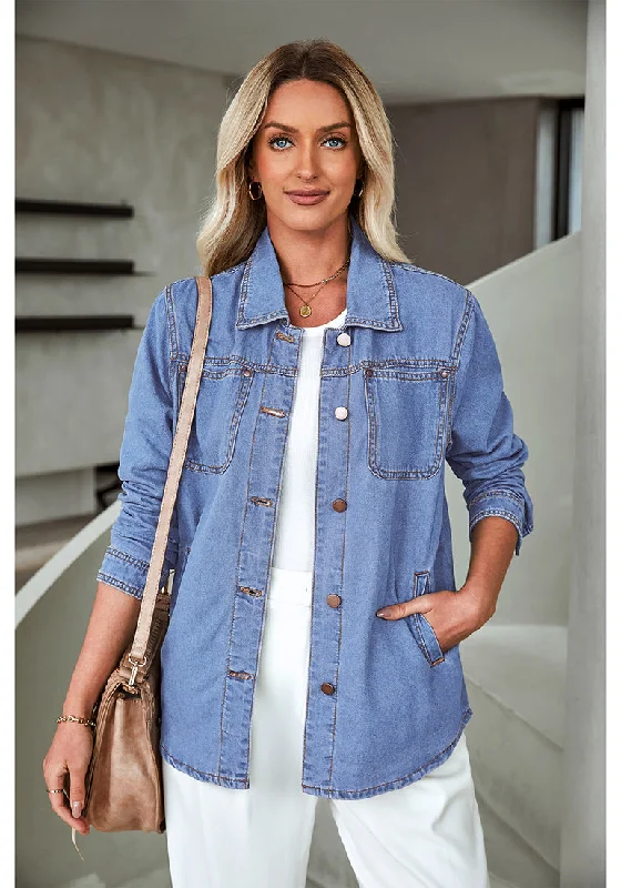 Turquoise Blue Denim Jackets for Women Trendy Long Sleeve Button Down Shirt Jacket  with Pocket