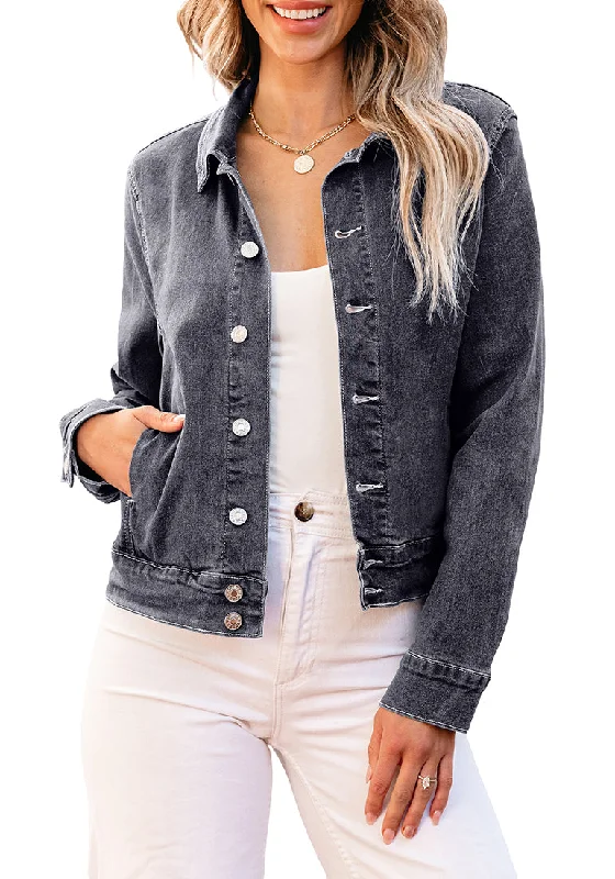 Washed Black Women's Denim Jacket Collared Button Down Long Sleeve Pocket Jacket