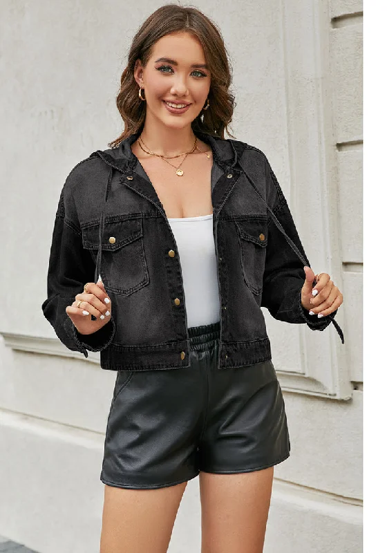 Washed Black Women's Denim Jackets Vintage Lightweight Cropped Button Down Jacket