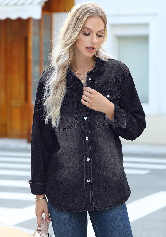 Washed Black Women's Trendy Long Denim Jackets Oversized Shackets with Pockets