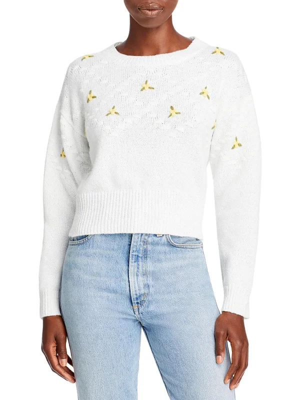 Womens Embroidered Ribbed Trim Pullover Sweater