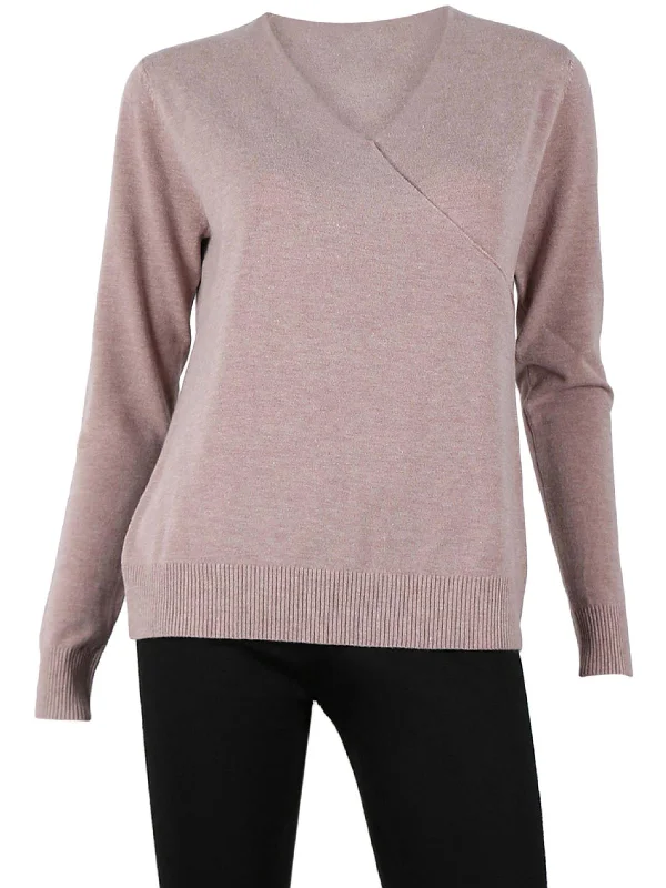 Womens Faux Wrap Ribbed Trim Pullover Sweater