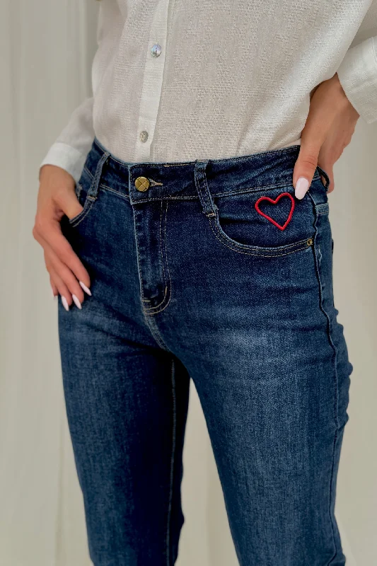 Megan Heart Embroidered Jeans In Dark Wash