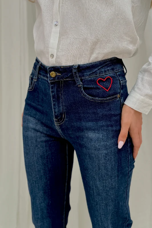 Megan Heart Embroidered Jeans In Dark Wash