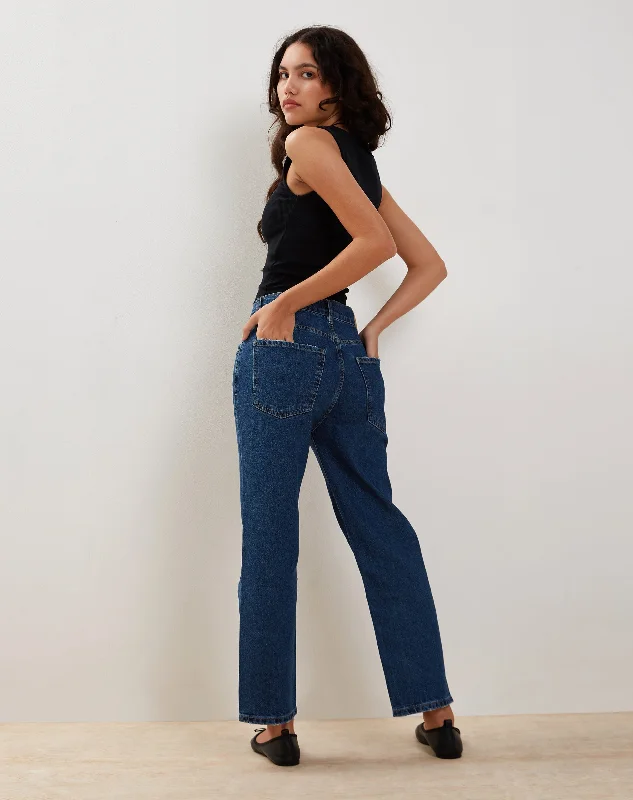 Mid Rise Straight Leg Jeans in Mid Blue Used Denim