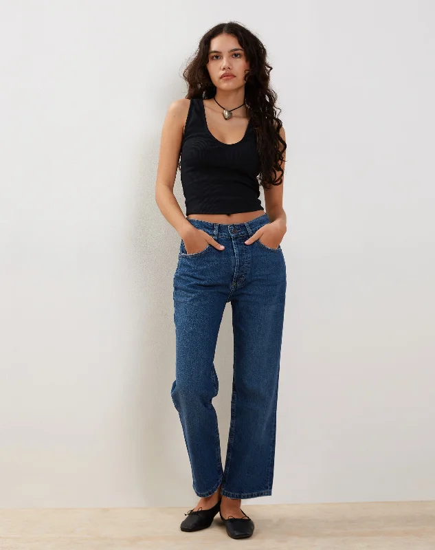 Mid Rise Straight Leg Jeans in Mid Blue Used Denim